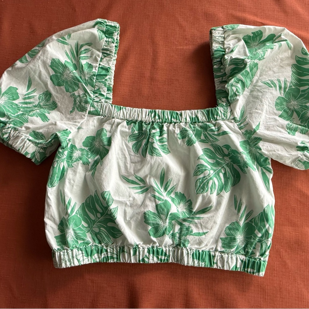 American Eagle Outfitters Green and White Puff Sleeve Crop Blouse